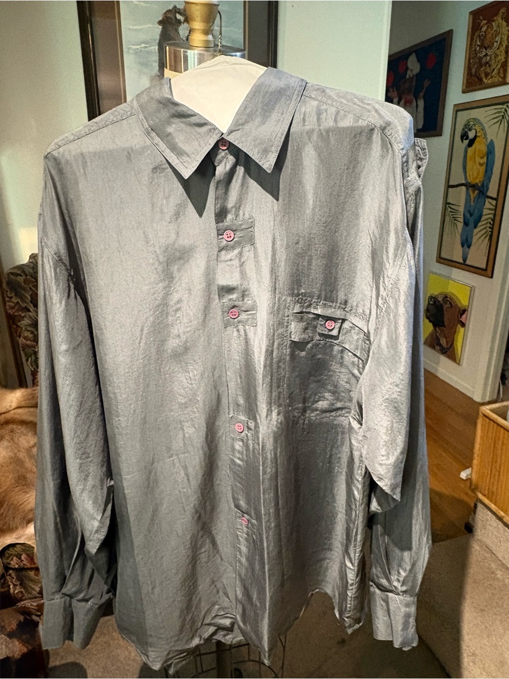 First Class Vintage Gray Satin Shirt Y2K Mens Minimalist Button Front XXL